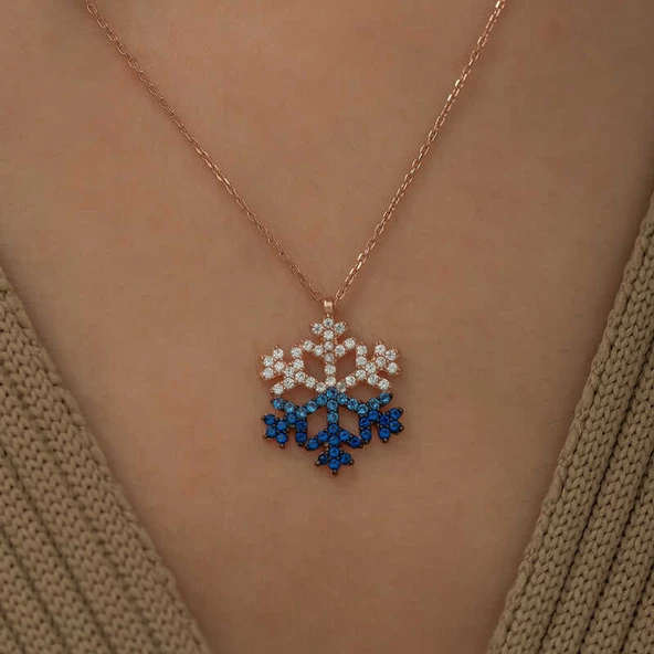 Lucky Life 925 Ayar Gumuss  Rose Mavi Taşlı Kar Tanesi Kolye - 2
