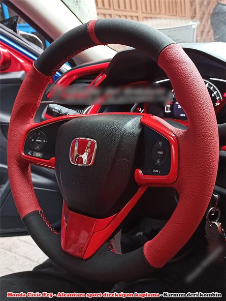 Honda Civic Fc5 Araca Özel Direksiyon Kılıfı (Alcantra Kırmızı Deri)