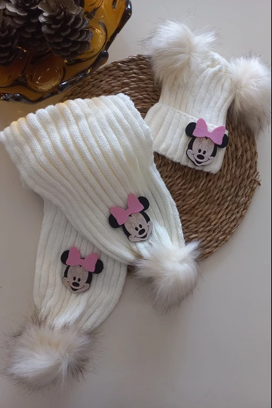 MARS BABY Kız Erkek Unisex Bebek Çocuk Ekru Mickey Minnie Figürlü Ponponlu Atkı Bere Takımı