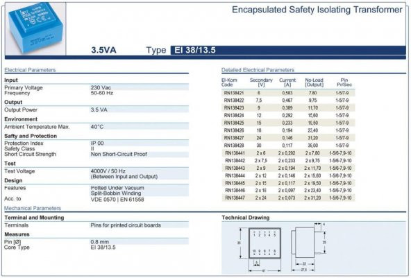 Trafo El-Kom 3,5VA 0-7,5V mavi RN138422  467mA - 2