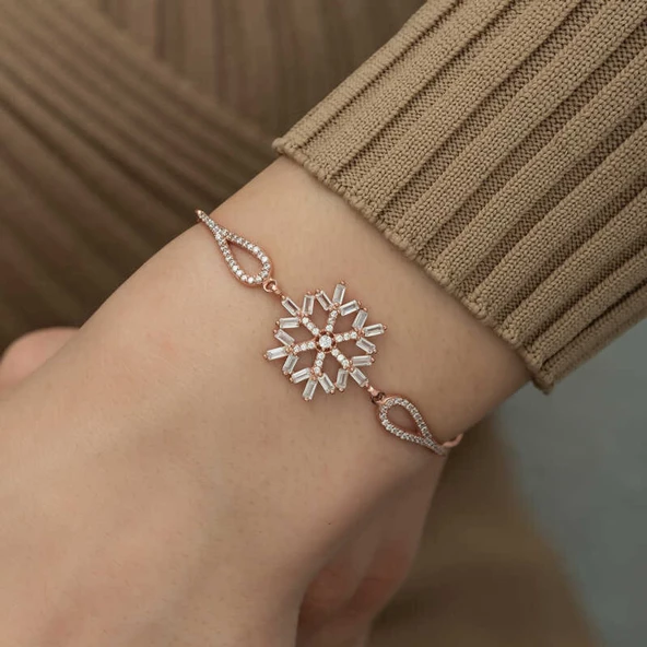 Lucky Life 925 Ayar Gumuss  Rose Baget Taşlı Kar Tanesi Bileklik - 3
