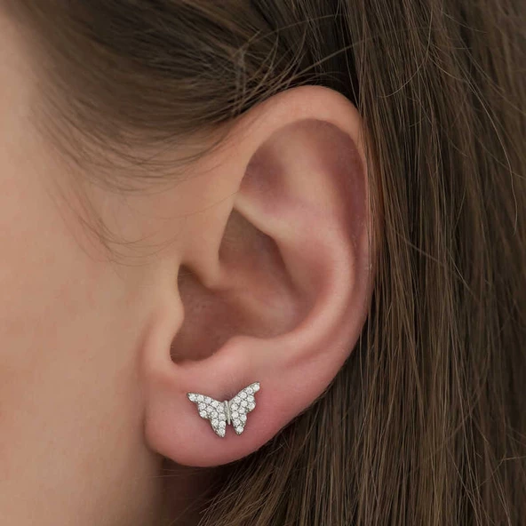 Lucky Life 925 Ayar Gumuss Beyaz Kelebek Küpe - 2