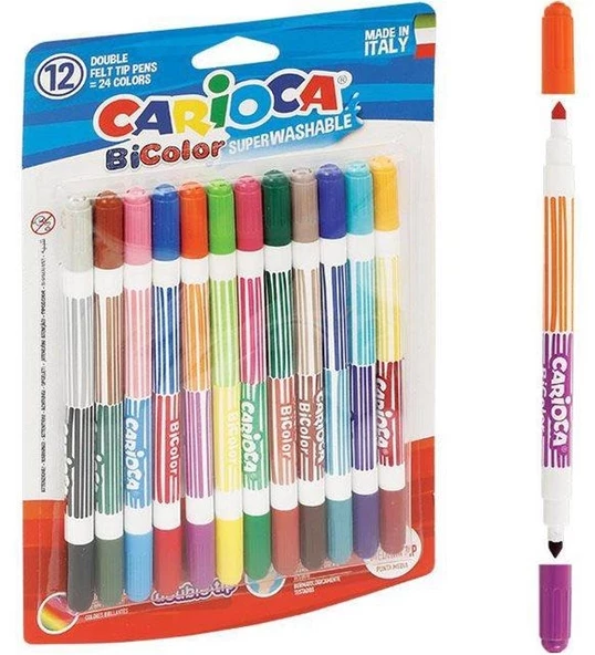 CARİOCA BİCOLOR SÜPER YIKANABİLİR ÇİFT UÇLU KEÇELİ BOYA KALEMİ 12LI 24 RENK