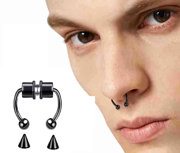 Siyah Mıknatıslı Fake Burun Piercing -Top Ve Ok Uçlu Paslanmaz Septum Deliksiz Pirsing - 2