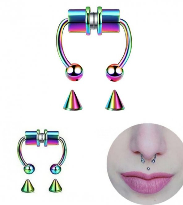 Hologram Mıknatıslı Fake Burun Piercing -Top Ve Ok Uçlu Paslanmaz Septum Deliksiz Pirsing - 2