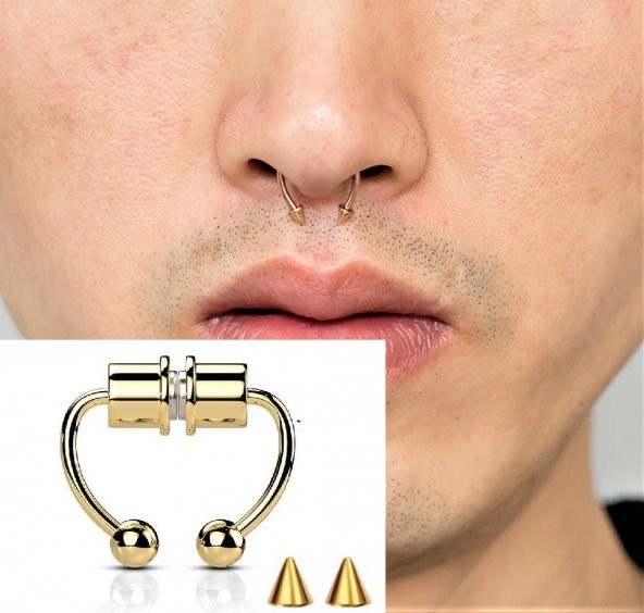 Gold Mıknatıslı Fake Burun Piercing -Top Ve Ok Uçlu Paslanmaz Septum Deliksiz Pirsing