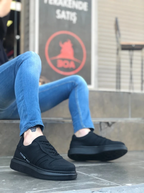 BA0548 BOA Kalın Yan Desenli Yüksek Siyah Taban Siyah Bağcıklı Spor Erkek Ayakkabı - Resim 2