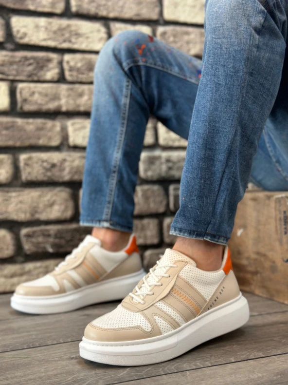 BA0548 BOA Kalın Yüksek Krem Beyaz Taban Beyaz Bağcıklı Spor Erkek Ayakkabı - Resim 2