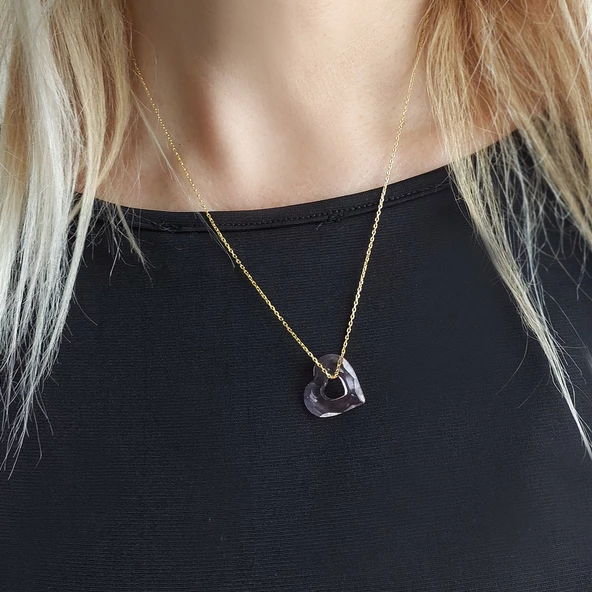 Pembe Swarovski Taşlı Kalp Gümüş Kolye - Resim 6