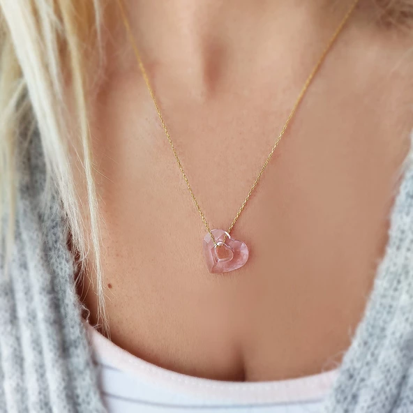 Pembe Swarovski Taşlı Kalp Gümüş Kolye - Resim 7