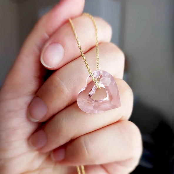 Pembe Swarovski Taşlı Kalp Gümüş Kolye - Resim 5