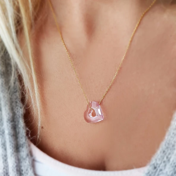 Pembe Swarovski Taşlı Kalp Gümüş Kolye ürün görseli