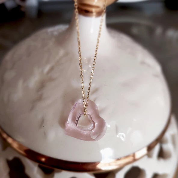Pembe Swarovski Taşlı Kalp Gümüş Kolye - Resim 2