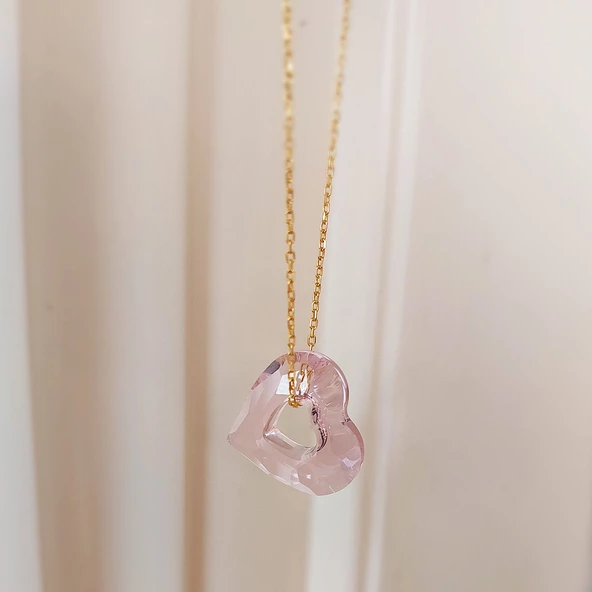 Pembe Swarovski Taşlı Kalp Gümüş Kolye - Resim 3