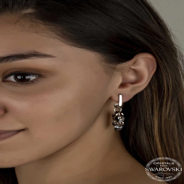 Swarovski Crystal Taşlı Lucky Life 925 Ayar Gumuss  Salkım Sallantılı Çivili Lucky Life Lucky Life Kadın Küpe - 2