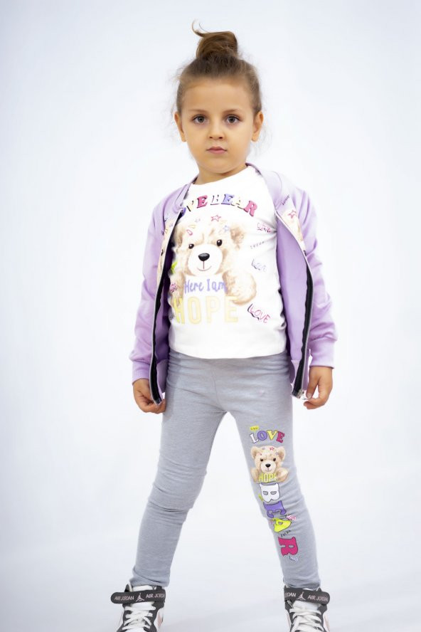 Kız Çocuk 3lü Penye-hırka-tayt Ayıcık Desen Basic Eşofman Takımı - 2