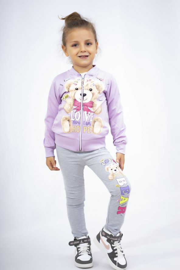 Kız Çocuk 3lü Penye-hırka-tayt Ayıcık Desen Basic Eşofman Takımı - 6