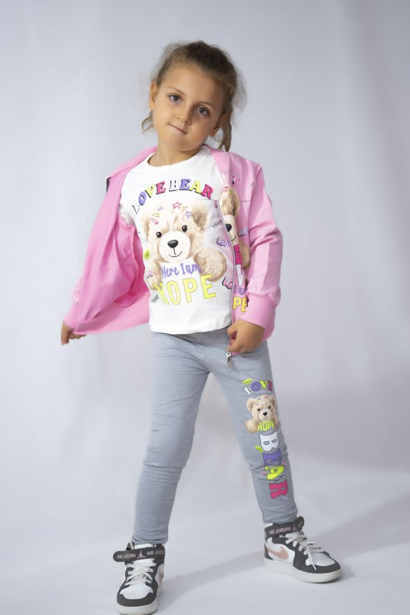 Kız Çocuk 3lü Penye-hırka-tayt Ayıcık Desen Basic Eşofman Takımı - 7