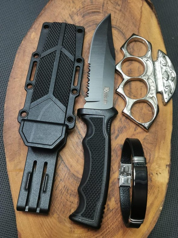 BİLTEK SHOP Outdoor İsme Özel 23 cm Sert Kılıflı Avcı Bıçağı,Body Musta PUNCH ve Pusula Bileklik