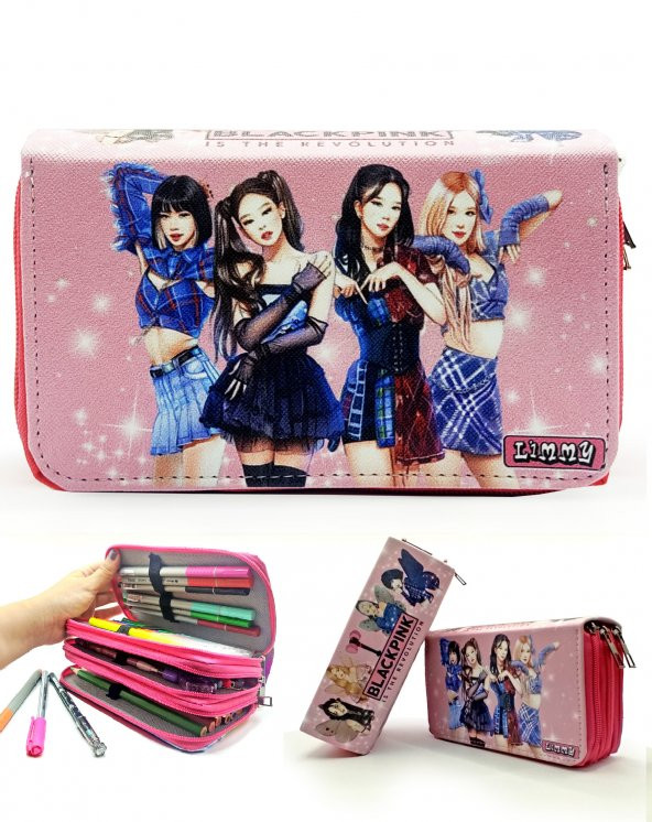Kalem Kutusu BlackPink Blink Revo Organizer Kalemkutu Vegan Deri Üç Bölmeli Kalemlik