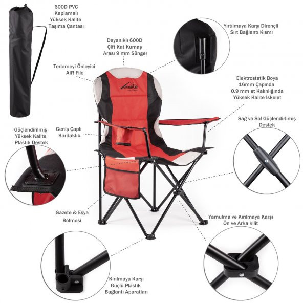 Evolite Nature Katlanabilir Kamp Sandalyesi - Kırmızı - 6