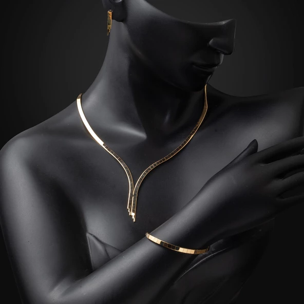 Taşsız 2 Sıra Su Yolu Altın Takı Seti - Resim 3