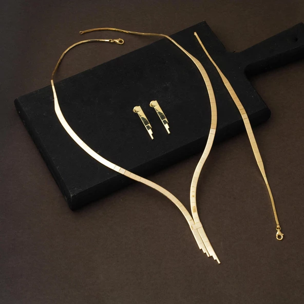 Taşsız 2 Sıra Su Yolu Altın Takı Seti - Resim 2