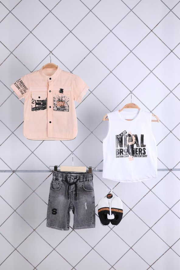 Babyhola Kısa Kol Gömlek Badi Pantolon Ayakkabı Erkek Çocuk Takım 4'lü Kombin 0745