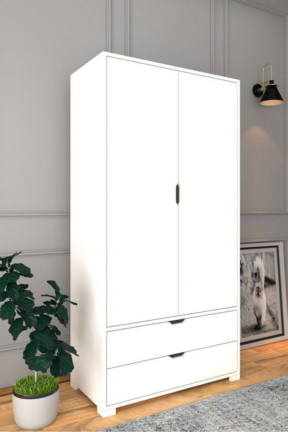 Midoser 90 Cm Mat Beyaz 2 Kapılı 2 Çekmeceli Elbise Dolabı - Gardırop - 2