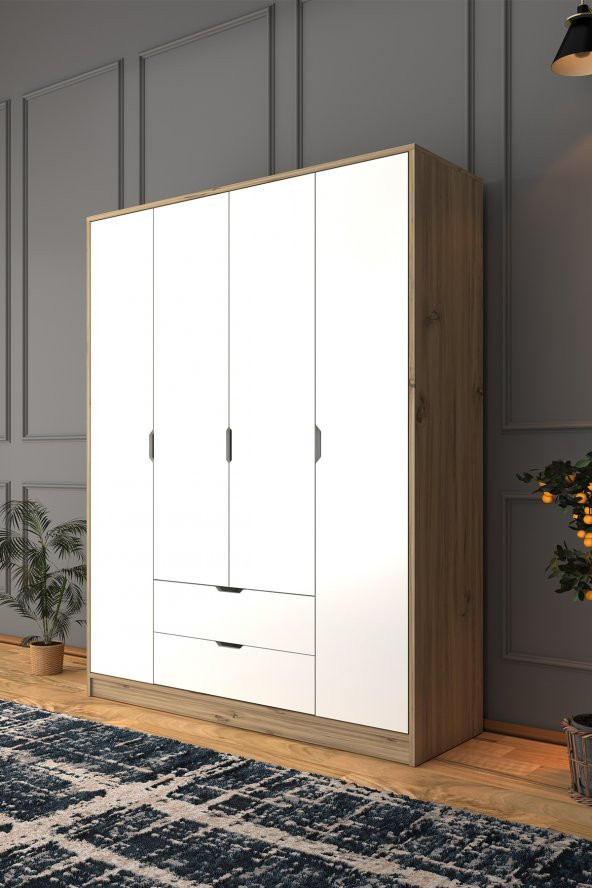 Midoser Nisan Açık Ceviz-beyaz 140 Cm 4 Kapılı 2 Çekmeceli Elbise Dolabı - Gardırop - 3