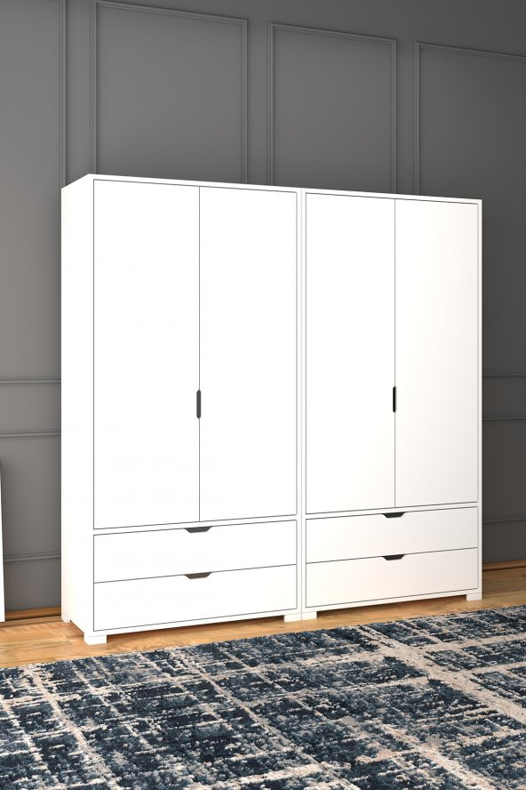 Midoser Duru Mat Beyaz 4 Kapılı 4 Çekmeceli Elbise Dolabı - Gardırop Seti - 2