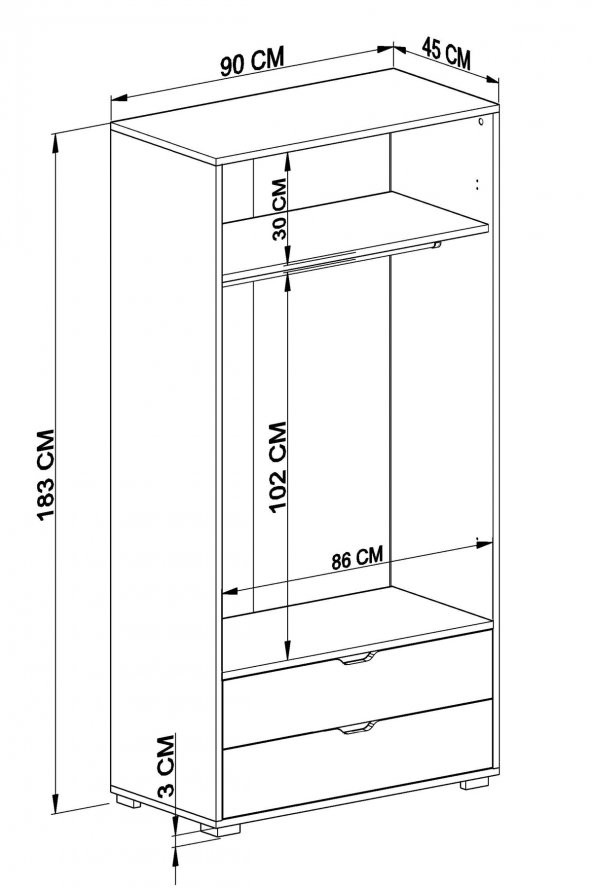 Midoser 90 Cm Mat Beyaz 2 Kapılı 2 Çekmeceli Elbise Dolabı - Gardırop - 3