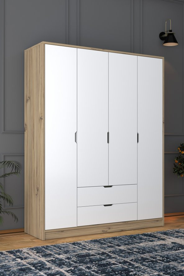 Midoser Nisan Açık Ceviz-beyaz 140 Cm 4 Kapılı 2 Çekmeceli Elbise Dolabı - Gardırop - 2