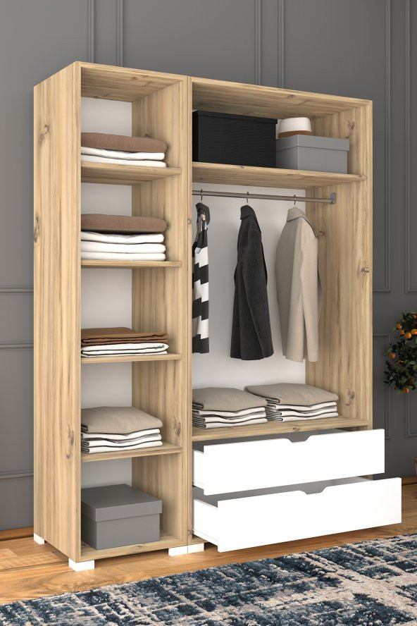 Midoser Nisan Açık Ceviz-Beyaz 3 Kapılı 2 Çekmeceli Elbise Dolabı - Gardırop Seti - 2