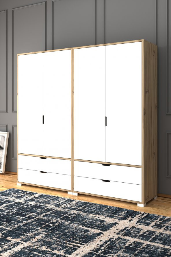 Midoser Nisan Açık Ceviz-Beyaz 4 Kapılı 4 Çekmeceli Elbise Dolabı - Gardırop Seti - 4