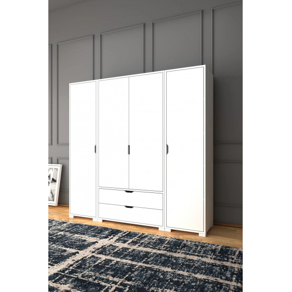 Midoser Duru Mat Beyaz 4 Kapılı 2 Çekmeceli Elbise Dolabı - Gardırop Seti