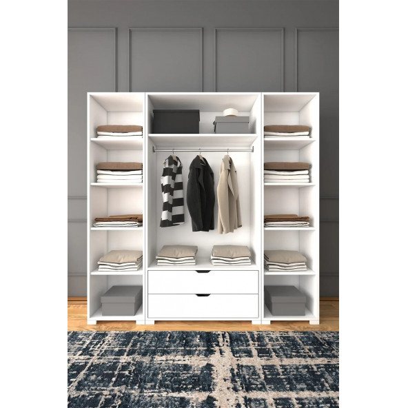 Midoser Duru Mat Beyaz 4 Kapılı 2 Çekmeceli Elbise Dolabı - Gardırop Seti - 3