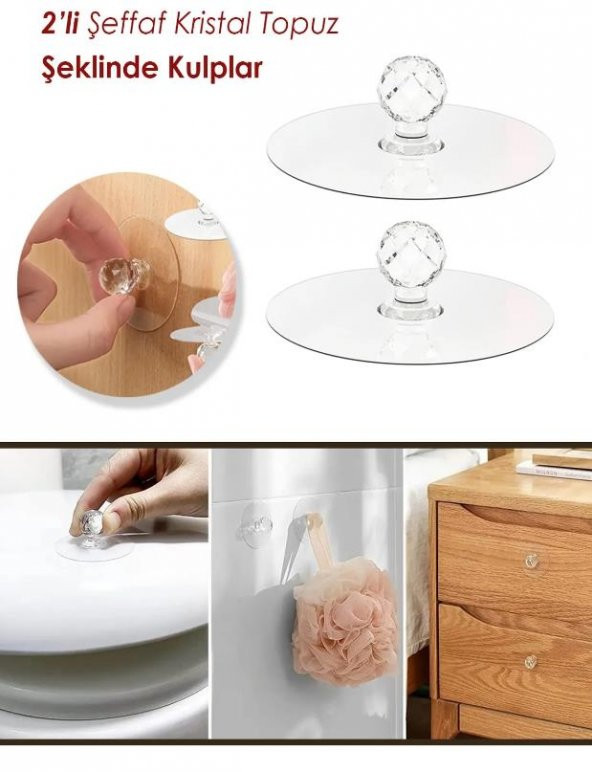 2 Adet Yapışkanlı Kristal Kulp Tutma Kolu Askı Dolap, Ayna, Kapak Çekme Kulbu Topuz - 2