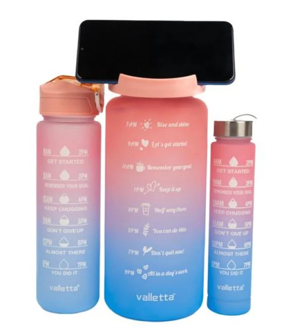 Valletta VLT1294 Eldorado 3lü Set  Motivasyonel Su Matarası Pembe(2000ml-750ml-300ml)Çantalı - 2