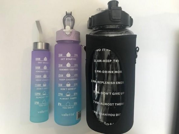 Valletta VLT1220  Eldorado Figo 3lü Set  Motivasyonel Su Matarası Siyah Çantalı(2000ml-750ml-300ml)