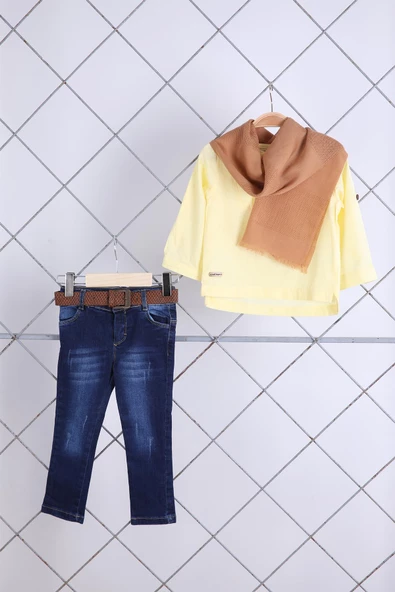 Babyhola Keten Gömlek Jean Pantolon Şal Aksesuar Erkek Çocuk Takım 3lü 22304