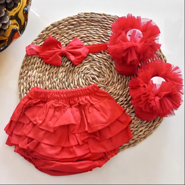 MARS BABY Kız Bebek Özel Gün Kırmızı Fırfırşort Etek Tütü Kokoş Kıvrık Çorap Set