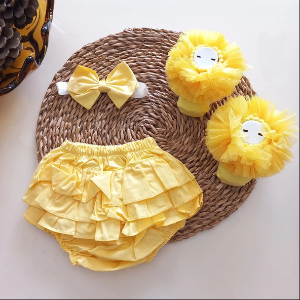 MARS BABY Kız Bebek Özel Gün Sarı Fırfırşort Etek Tütü Kokoş Kıvrık Çorap Set