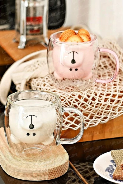 2li Çift Cidarlı Süt Çay Kahve Su Bardağı Sevimli Ayıcık Figürlü Kulplu Isıya Dayanıklı Kupa Bardak - 3