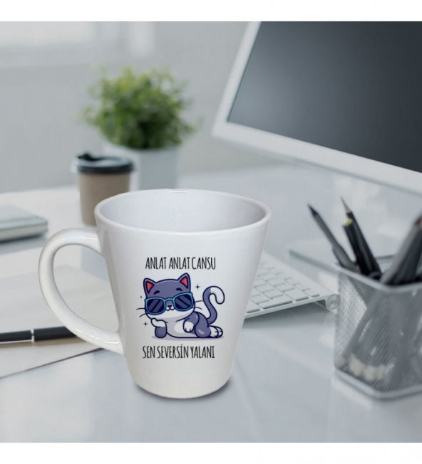 Kişiye Özel Yatan Gözlüklü Kedi Temalı Porselen Konik Beyaz Kupa HK2729 ürün görseli