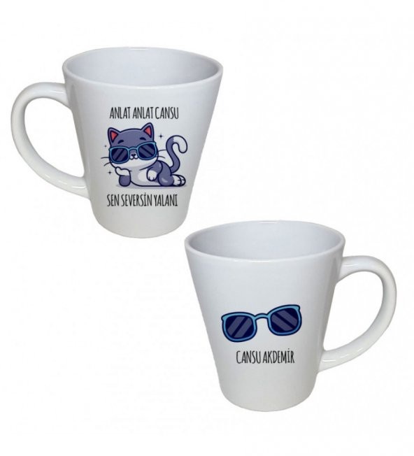 Kişiye Özel Yatan Gözlüklü Kedi Temalı Porselen Konik Beyaz Kupa HK2729 - Resim 2