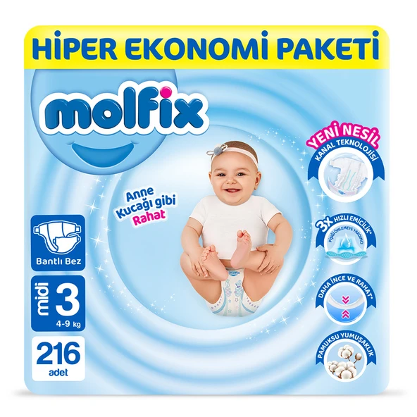 Molfix Bebek Bezi 3 Beden Midi Hiper Ekonomi Paketi 216 Adet