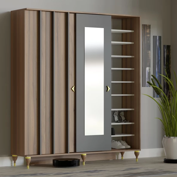 VİLZA ANTRASİT GRİ SÜRGÜ KAPAKLI AYNALI PORTMANTO VESTİYER - 2