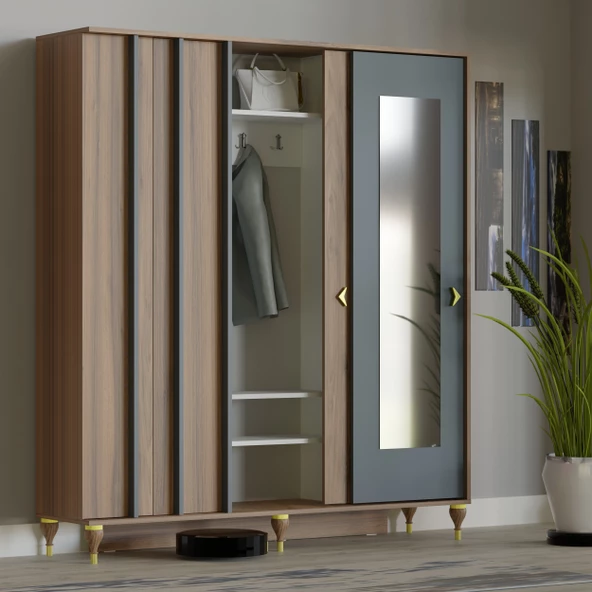 VİLZA ANTRASİT GRİ SÜRGÜ KAPAKLI AYNALI PORTMANTO VESTİYER - 3