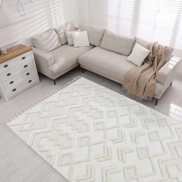 Madu İskandinav Tarz Saçaklı Krem Dokuma Salon ve Oturma Odası Halısı 1184_RO_66 - 2